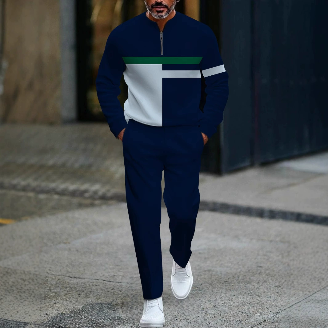 Мужской костюм-двойка: длинные рукава, брюки, европейский и американский стиль, новая модель, полузастежка-молния, повседневный стиль, для внешней торговли.