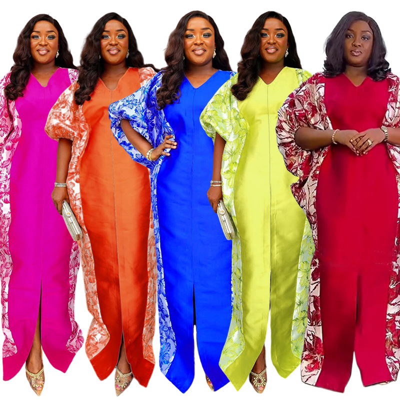 Cross-Border Aliexpress Plus-Size Women's Ethnic Style Robe African Foreign Trade Amazon Color-Blocking Printed Dress