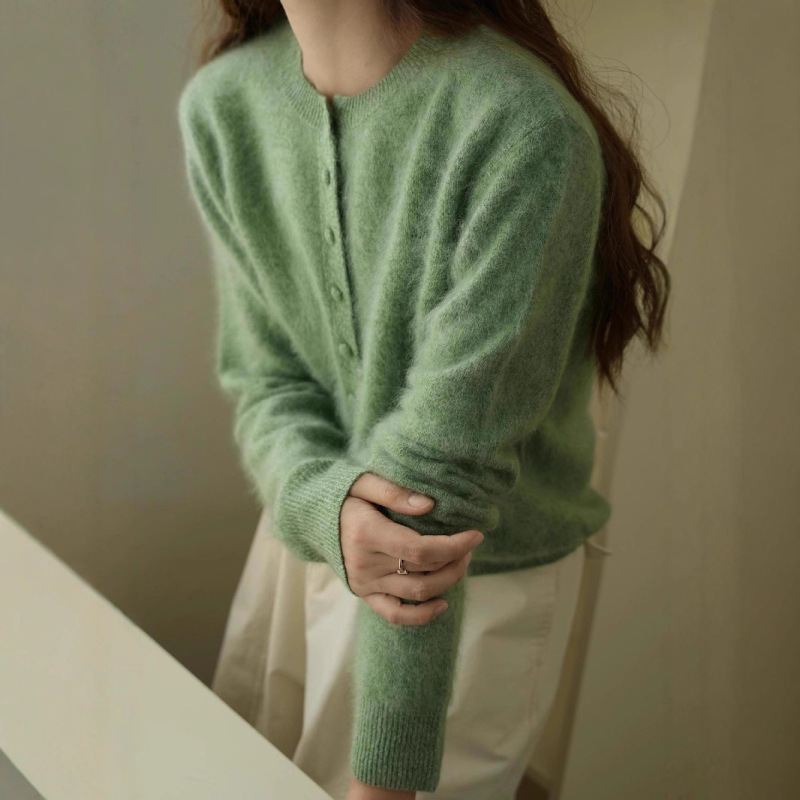 羊绒羊毛圆领开衫拉绒拉毛女秋冬简约舒适气质百搭外套文艺风|undefined