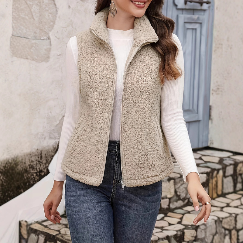 In-Stock Cross-Border Women's Vest 2025 New Plush Stand Collar Sleeveless Zipper Lightweight Vest Comfortable with Pockets