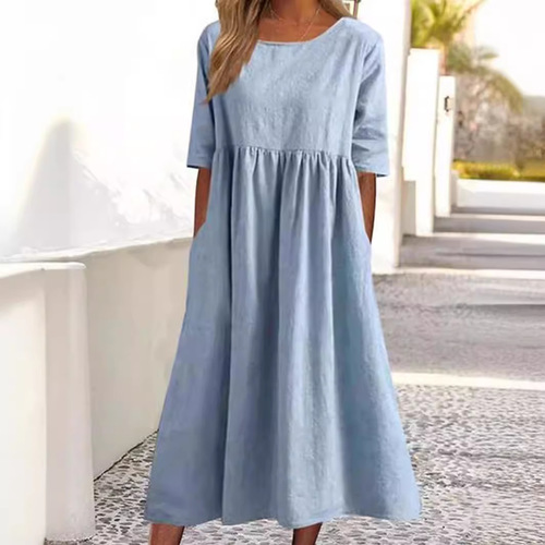 2025 Summer Independent Station Cotton Linen Casual Short Sleeve Pocket Pleated Loose Round Neck Dress