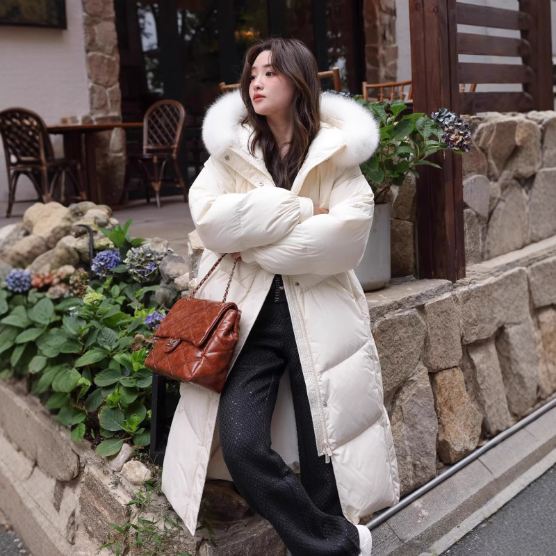 2025网红同款90白鹅绒大毛领韩版羽绒服女加长款加厚连帽冬季外套|undefined