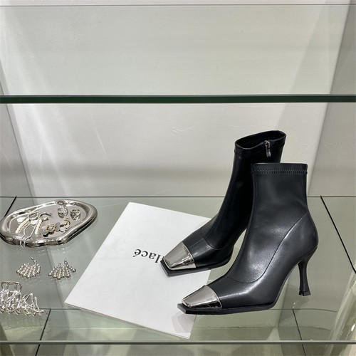 Metal Head Short Boots Women's Fine Heel High Heels Bare Boots Autumn Winter Elastic Boots Soft Leather Slim Boots