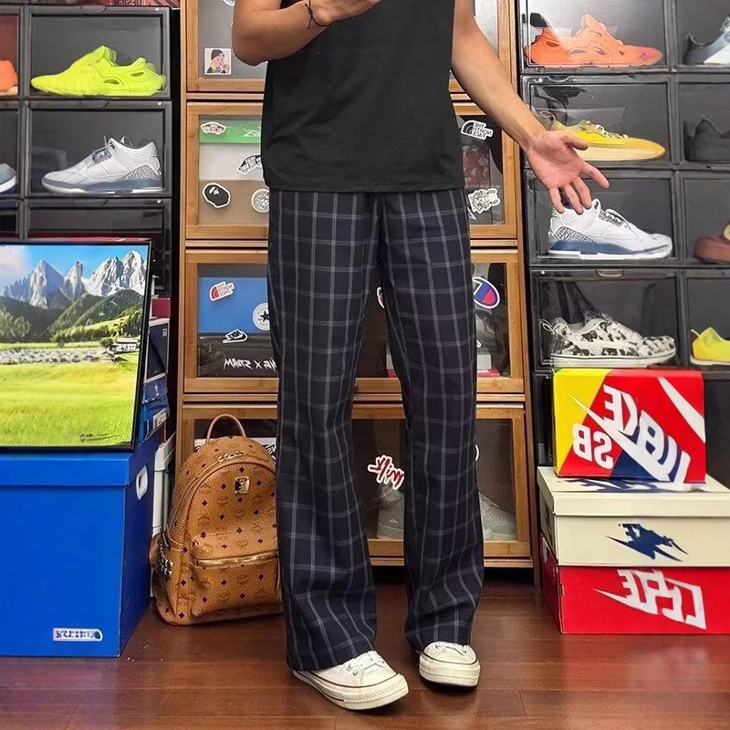 Men's Spring and Autumn European-Style Plaid Casual Pants Fashion Versatile Trendy Brand Elastic Long Pants Youth Slim Straight Pants