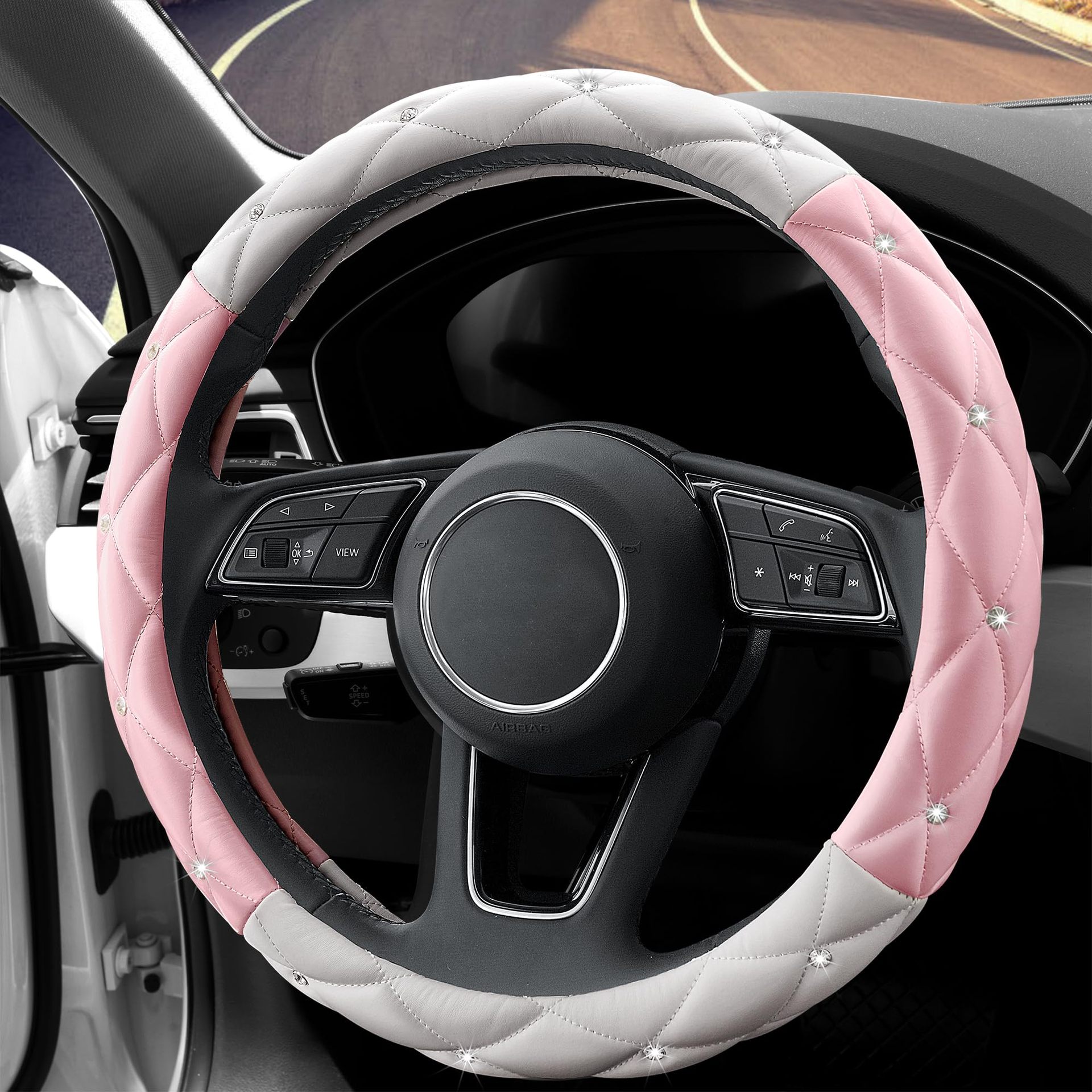 Factory Direct Sales Amazon Car Diamond-Studded Steering Wheel Cover, Universal for All Seasons, Soft Leather Anti-Slip Rhinestone Handle Cover