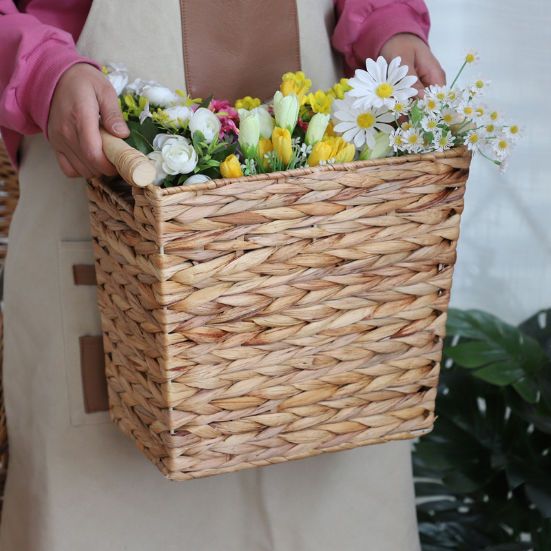 Transfronterizo de caña tejida almacenaje de tela de paja tejida cesta de ropa sucia mango de madera de almacenamiento de gran capacidad para el hogar