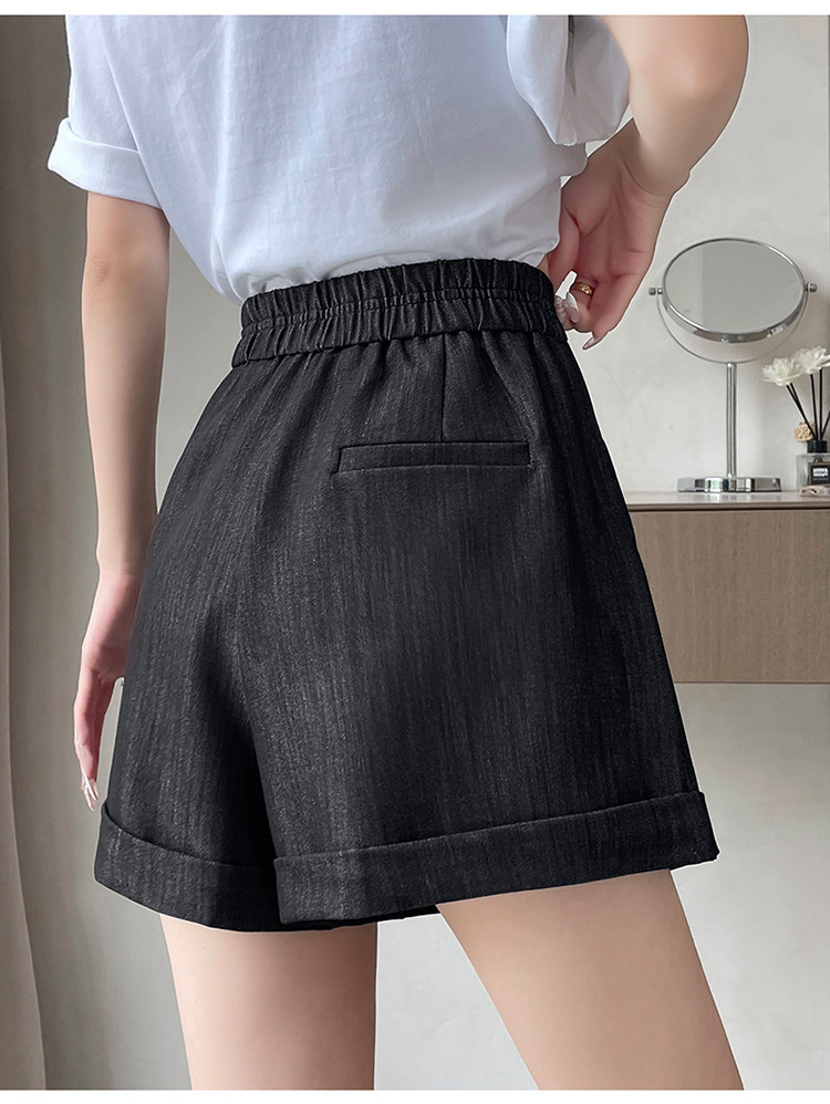 Quần short jean nữ lưng cao ống rộng gấu cuộn — màu đen chi tiết 36