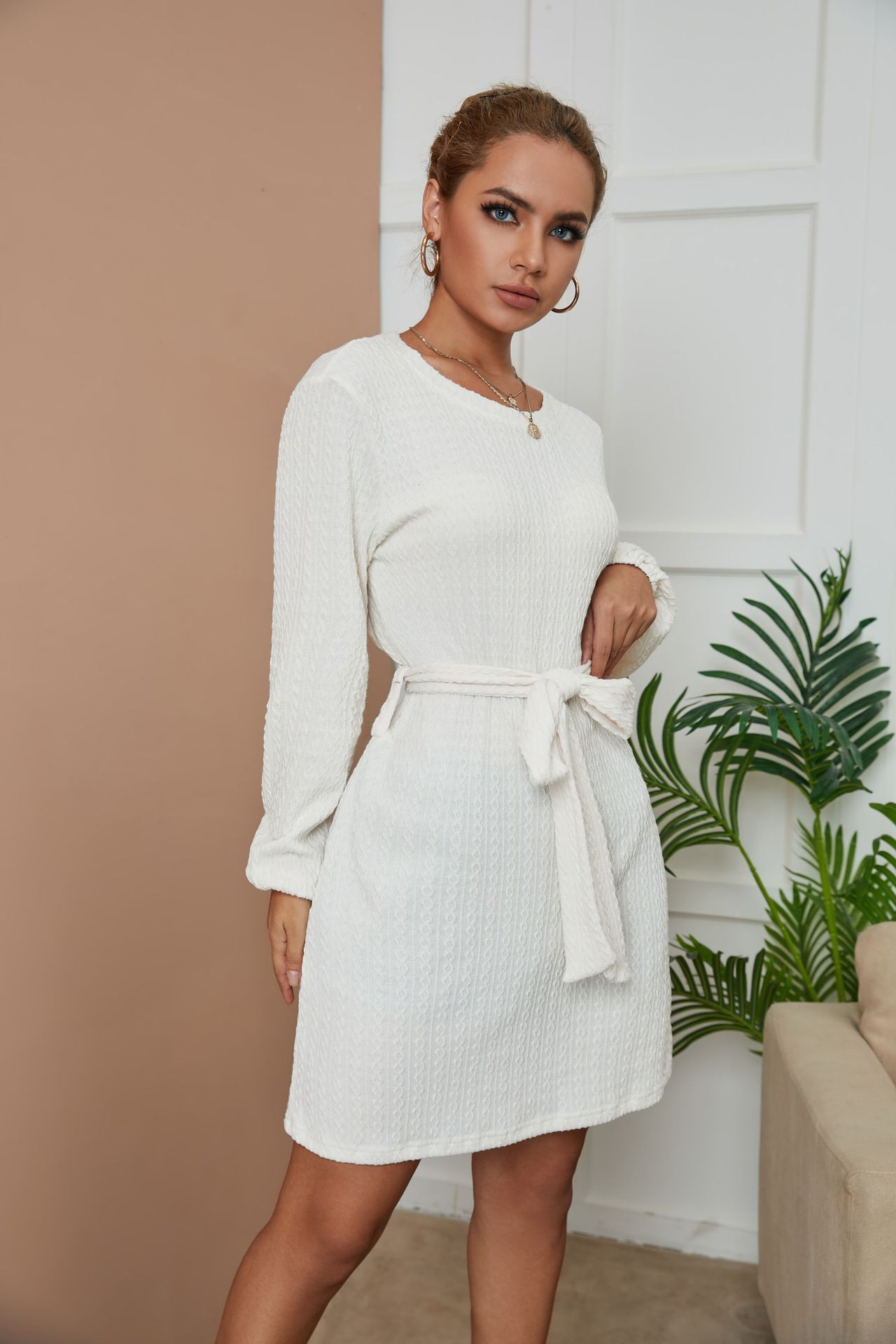 New Solid Color Cable-Knit Sweater Temperament Commute Slimming Pullover High Waist Dress - Dresses - Uniqistic.com