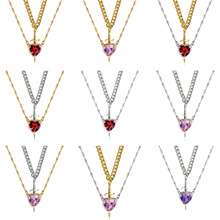 欧美跨境新款热销品红色水晶爱心匕首时尚吊坠分层法式复古女项链