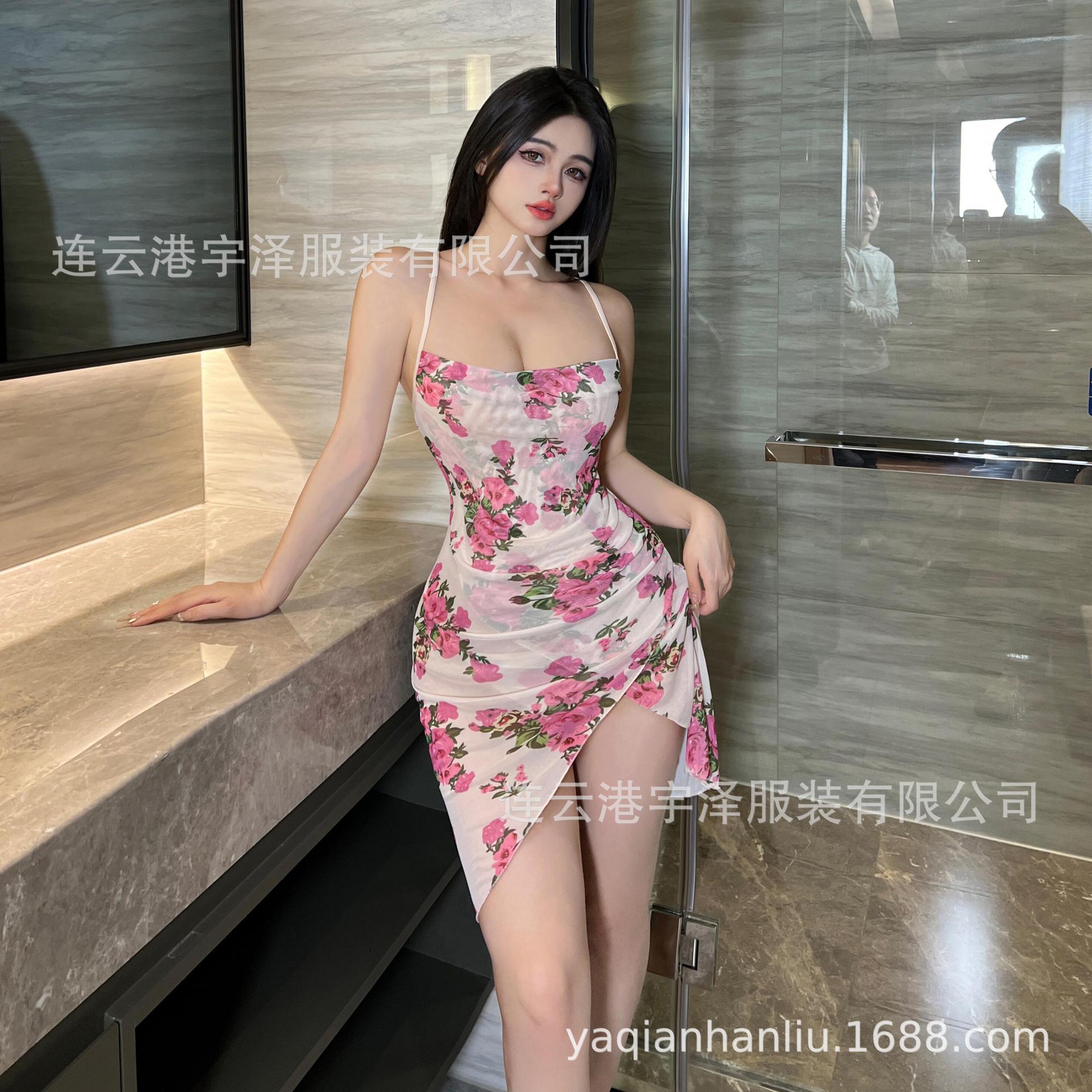 프랑스 로즈 섹시 란제리 메쉬 관점 스트랩 나이트 가운 프론트 스플릿 섹시 나이트 가운 여성 나이트 가운
