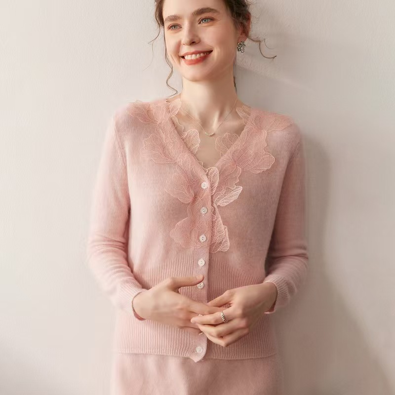 设计感!山羊绒开衫女秋冬V领叶子雷丝花边针织打底衫上衣气质毛衣|undefined