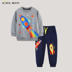 工場直接販売男の子長袖スーツファッションロケットプリントラウンドネックプルオーバーファッション刺繍子供スウェットパンツ