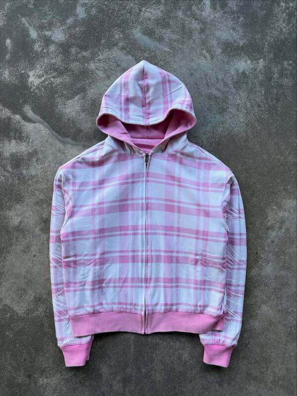 European and American Retro Pink Plaid Double-Sided Reversible Loose Zipper Fashion Casual Trendy Sweatshirt Y2K European and American Retro Pink Plaid Double-Sided Reversible Loose Zipper Fashion Casual Trendy Sweatshirt Y2K