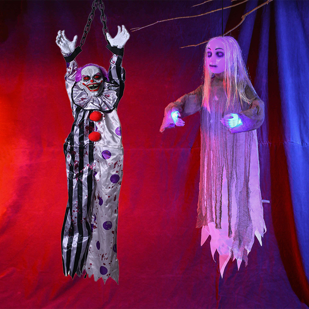 Halloween control de voz eléctrico fantasma de cabello blanco brillante clown cadenas colgando fantasma habitación secreta decoración de fiestas accesorios