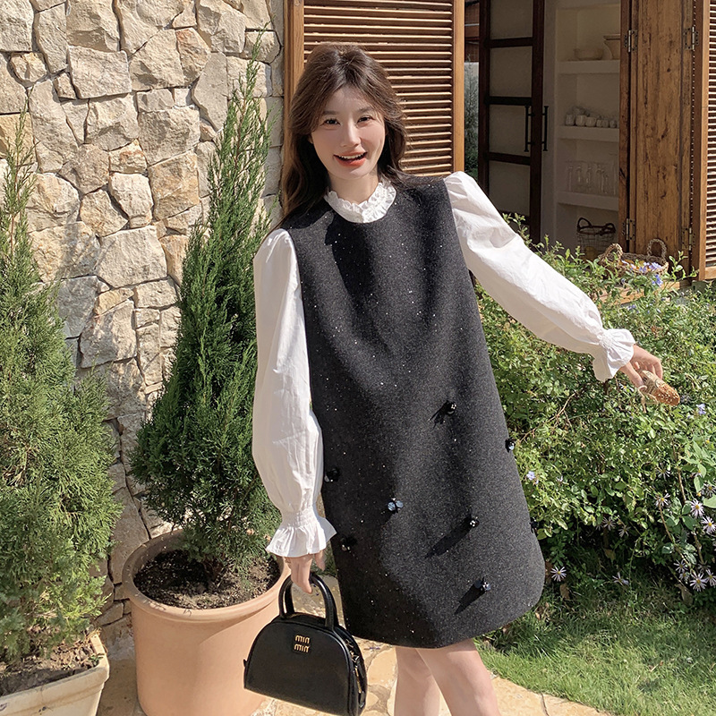 Real Shot of Gray Sequined Woolen Vest Dress Set for Women, Spring 2026 New Style, White Shirt Dress Two-Piece Set