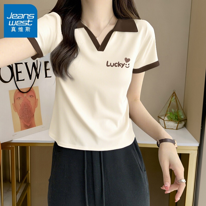 Jeanswest Brown Shoulder Short Sleeve Polo Shirt Lapel T-Shirt Women's 2025 Summer New Design Loose Top X