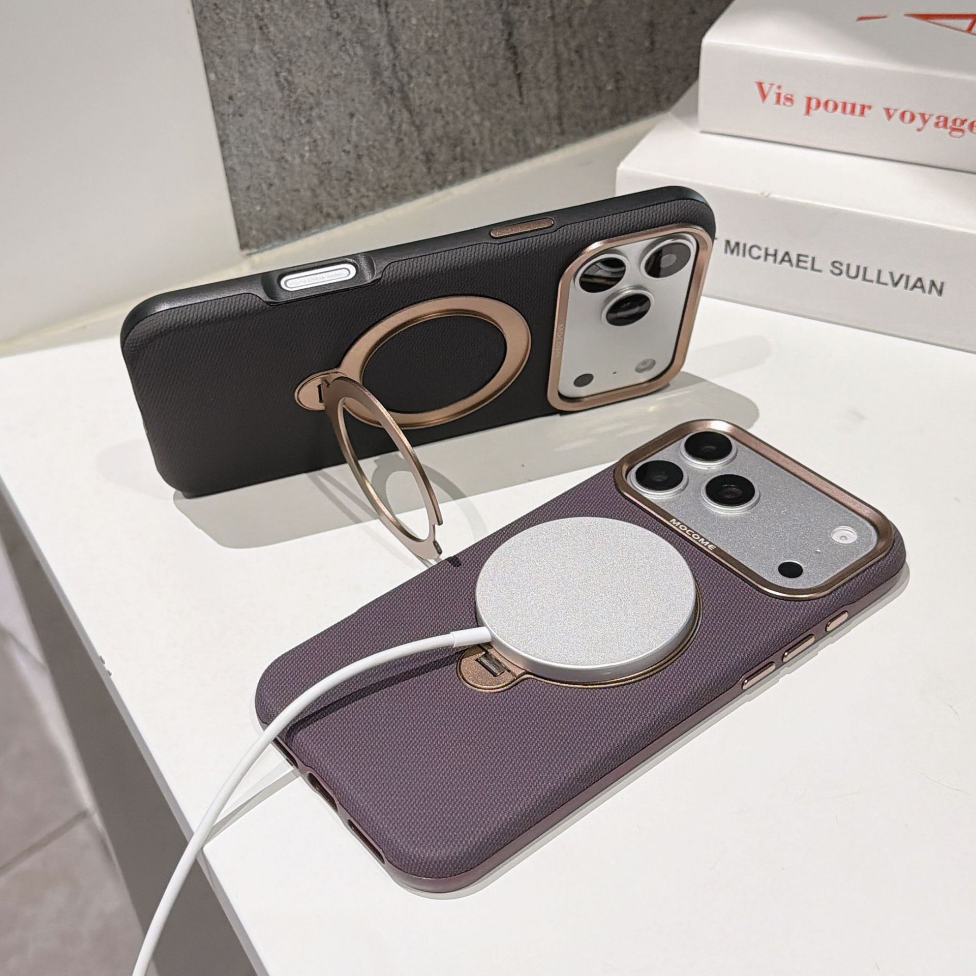 Ốp lưng da iPhone 16/17 Pro Max có vòng xoay 360 độ, nam châm hút, chống sốc viền dày — Đen, Nâu, Tím, Xanh dương chi tiết 15