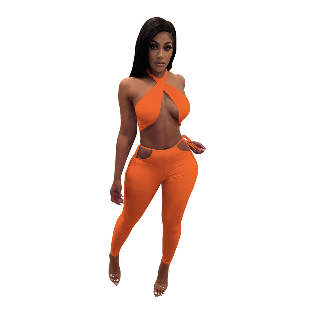 Sexy Casual Solid Color Halterneck Vest & Trousers 2 Piece Set NSFDD96221