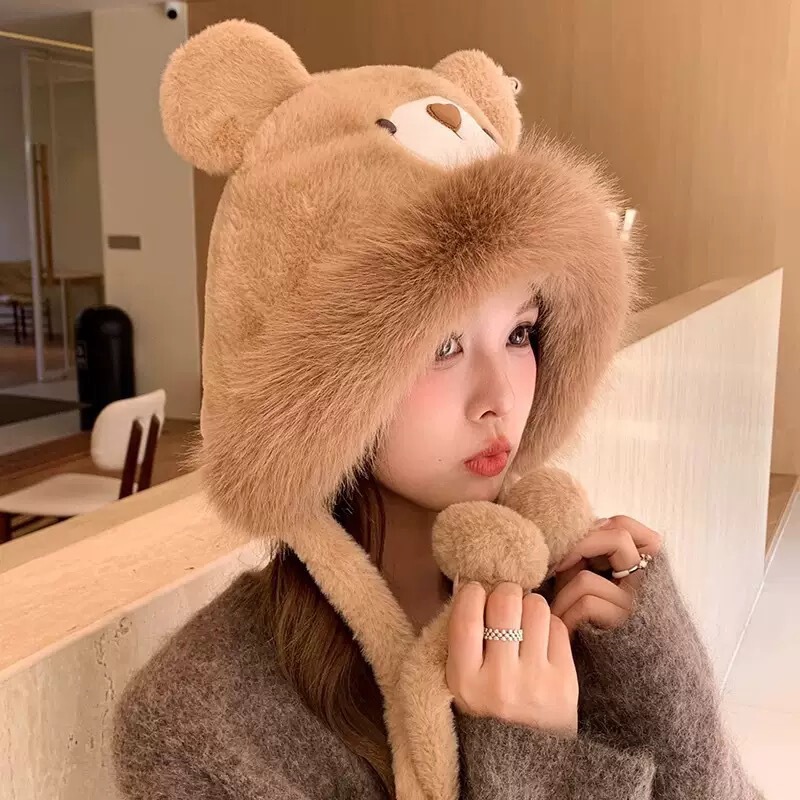 毛绒套头帽小熊帽子女秋冬季2025新款可爱显脸小防风保暖护耳百搭|undefined