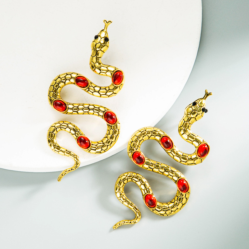 Punk Style Metal Snake-shaped Winding Inlaid Gemstone Earrings display picture 3