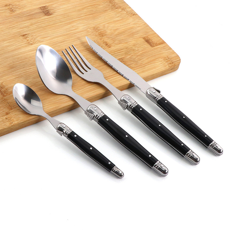 Factory in stock Straight Handle Stainless Steel Tableware Black Plastic Handle Knife and Fork Spoon Dessert Coffee Spoon Steak Knife and Fork Factory in stock Straight Handle Stainless Steel Tableware Black Plastic Handle Knife and Fork Spoon Dessert Coffee Spoon Steak Knife and Fork