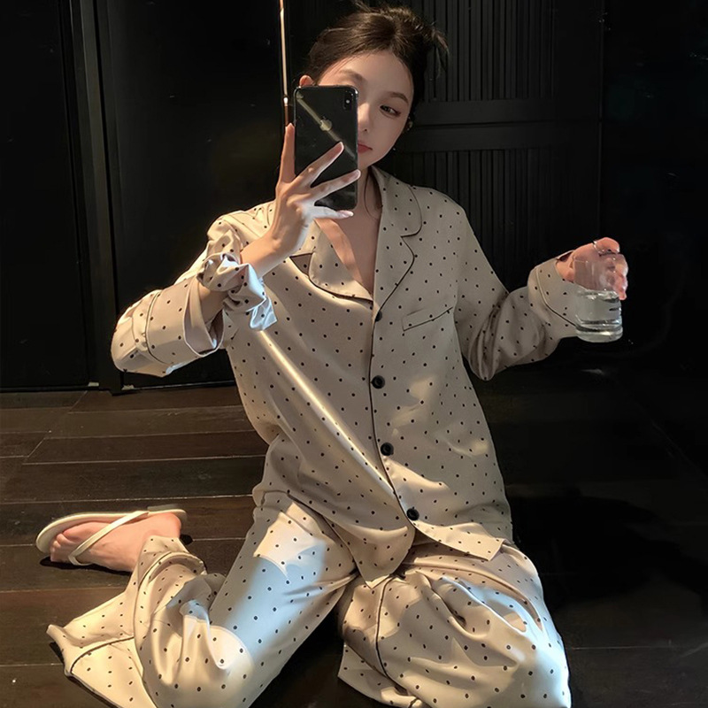 Fashion Polka Dot High-Value Women's Pajamas Ice Silk Long-Sleeve Long Pants Cardigan Turn-Down Collar Loose Light Luxury Ins Style Loungewear