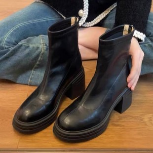 In Stock~ Thick-Soled Short Boots for Women 2025 Black British Style Round Toe Chunky High Heels Slimming Versatile Fashion Boots for Women