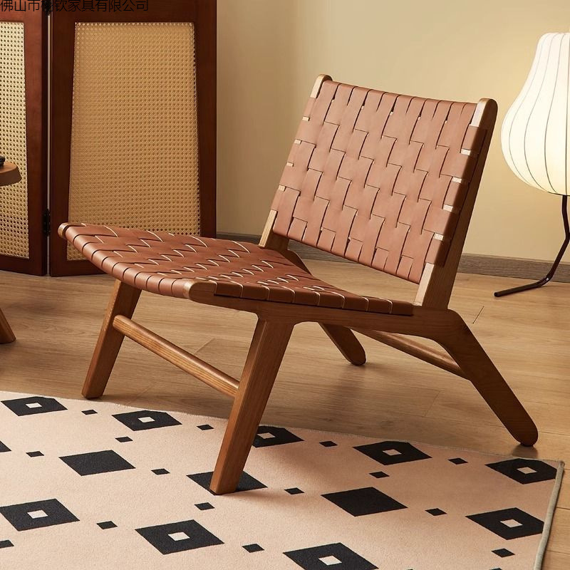 Home Living Room Balcony Leisure Chair Nordic Ins Solid Wood Saddle Leather Recliner Creative Lazy Sofa Chair