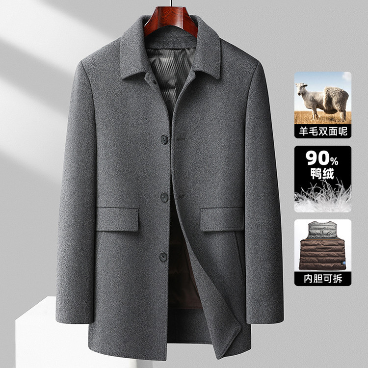 [Removable Goose Down Lining] Mid-Length Thick Wool Coat for Young and Middle-Aged Men