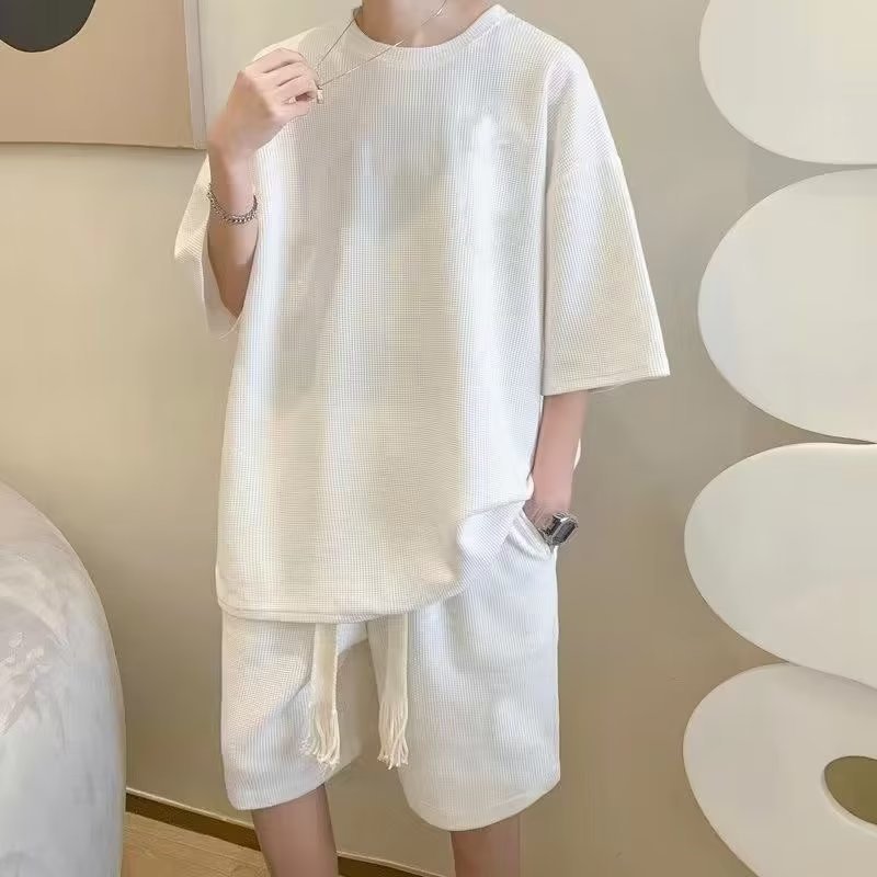 Estilo japonés waffle más tamaño traje juvenil verano casual deportes pantalones cortos de manga corta Camiseta de los hombres marca de moda de dos piezas conjunto