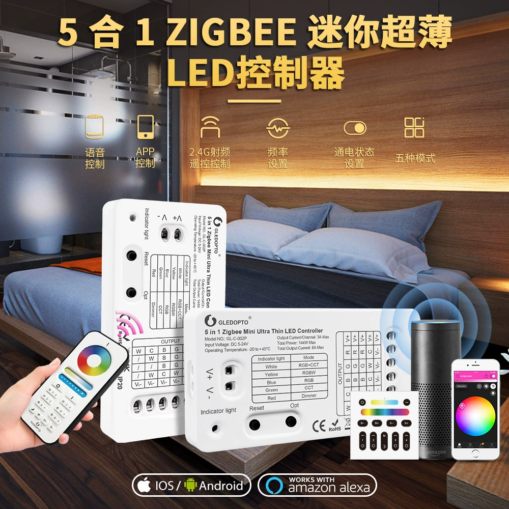 Контроллер LED (GLEDOPTO) GL‑C‑002P, Zigbee 3.0 + 2.4G, ультратонкий 5-в-1, DC5–24V, 3A/канал