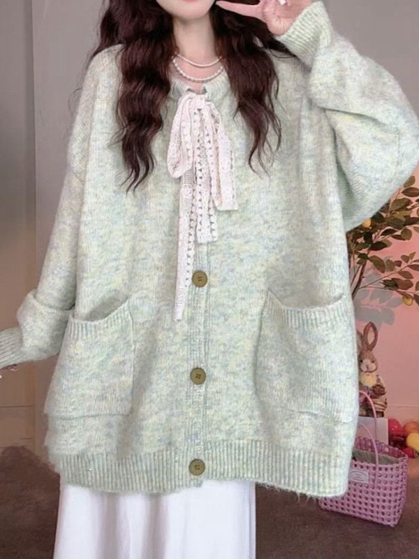 大板型甜美宽松法式针织衫开衫2025秋冬新款慵懒风高级蝴蝶结毛衣|undefined