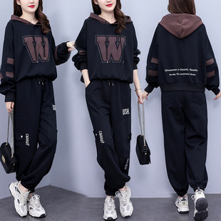 plus size Chubby Sister suit Women's fleece-lined Thickened 2024 New Autumn and Winter Hooded Sweatshirt Harem Pants Casual Two-piece Set