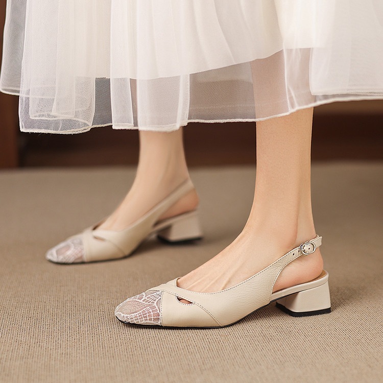 Sandal cao gót nữ hở mũi da cừu lưới phối màu quai ngang khóa — màu đen, màu trắng ngà chi tiết 46