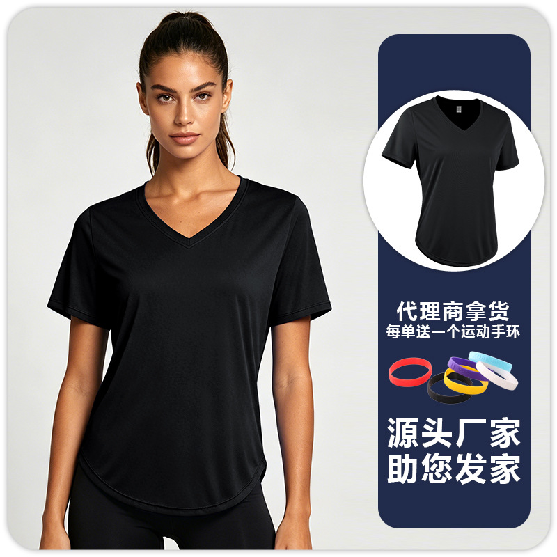 T-shirt de yoga de acondicionamiento físico para mujeres, protector solar, absorción de humedad, sudor, secado rápido, transpiración, correr, cuello en V, mangas cortas