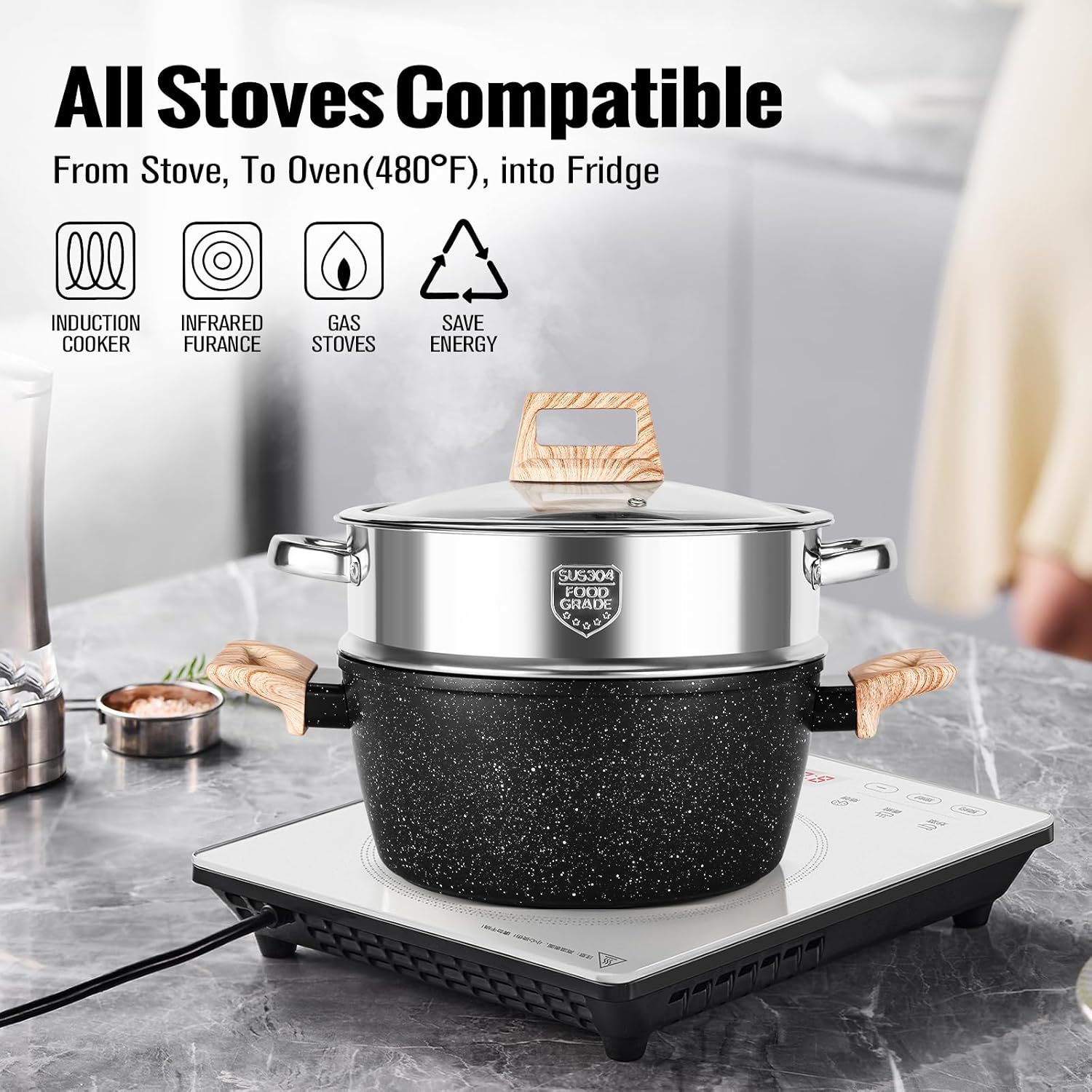 Comercio exterior transfronterizo Olla antiadherente de piedra médica Juego de ollas domésticas negras Juego de ollas para freír y wok Juego de ollas de sopa Olla de aluminio al por mayor