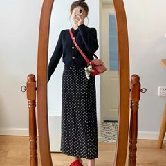 波点香风黑色套装连衣裙子女针织开衫2025新款两件套一整套拉链