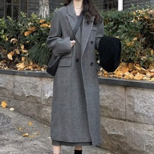 长款灰色呢子大衣女西装毛呢外套秋冬季韩系小个子赫本风气质日式