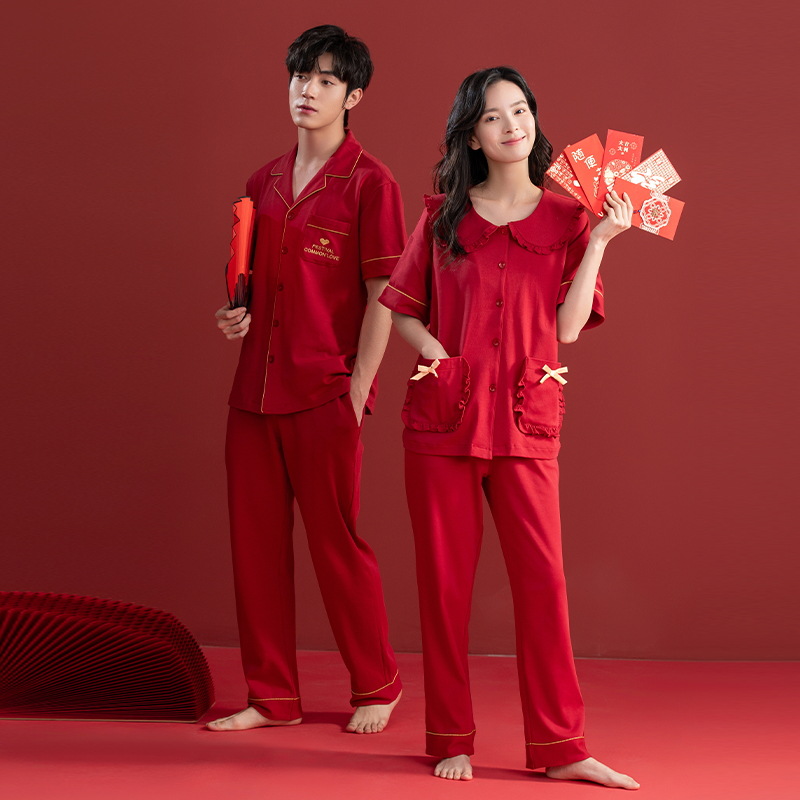 [Antibacteriano] pijamas para hombres primavera y otoño algodón de manga corta pareja ropa de boda de verano rojo damas servicio a domicilio