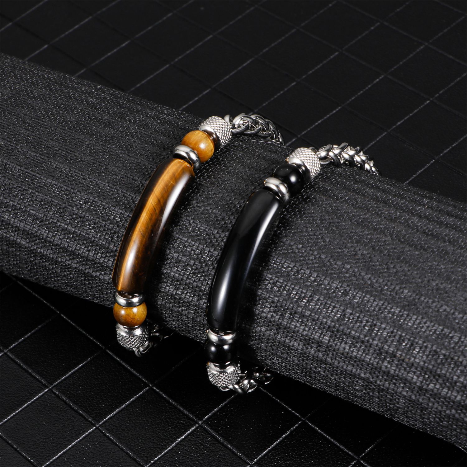 Bracelet - Natural tiger's eye stone and stainless steel bracelet, retro style