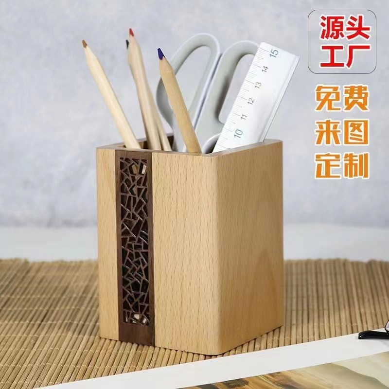 Madera maciza pluma creativa haya nogal bambú madera oficina escritorio decoración letras impreso logotipo de madera simple titular de la pluma