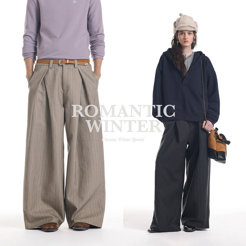 【Three-Dimensional Tailoring】Unvesno(Un) Old Money Style Herringbone Pleated Slightly Loose Wide-Leg Casual Striped Trousers