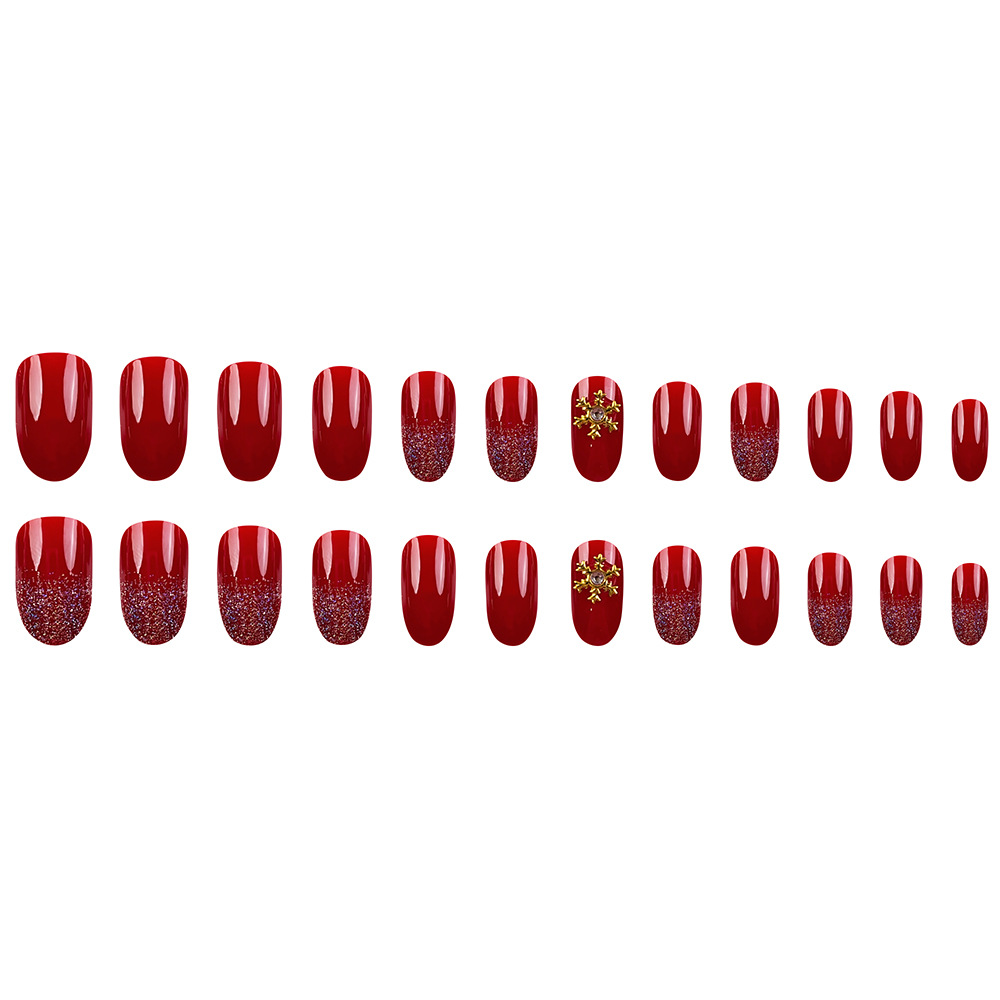 Diamante rojo festivo para usar uñas cortas de oro copo de nieve de uñas exquisitas únicas 24 piezas de parche de uñas falsas