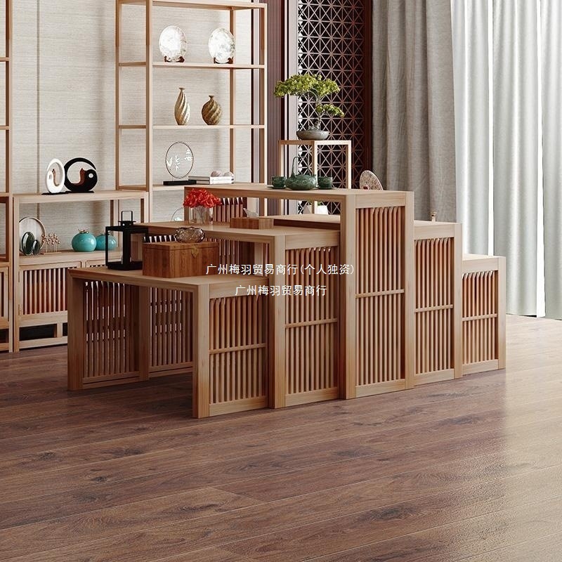 流水台中岛柜茶叶店展示柜中式实木货架展会产品陈列柜原木置物架