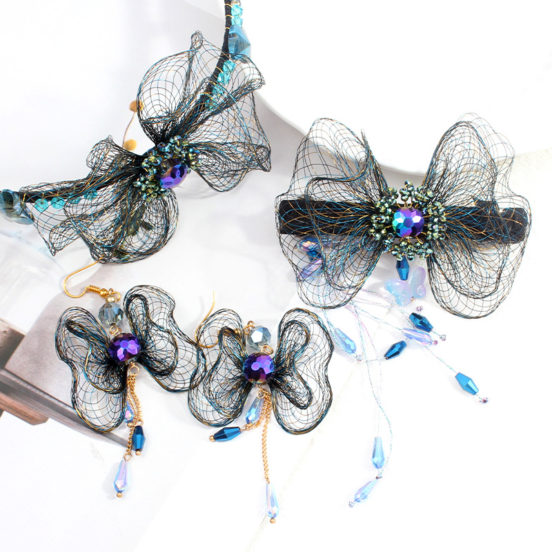 TS69 Youni Ensemble bandeau à pompons et boucles d'oreilles fait main, accessoires pour robe de mariée, style féerique, en fil de cuivre._voghion.com