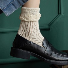 Women's Spring/Summer Thin Socks, Hollowed-Out Cotton Socks with Lace Trim, Instagram-Famous Mid-Calf Socks Embroidered with Letter "G"