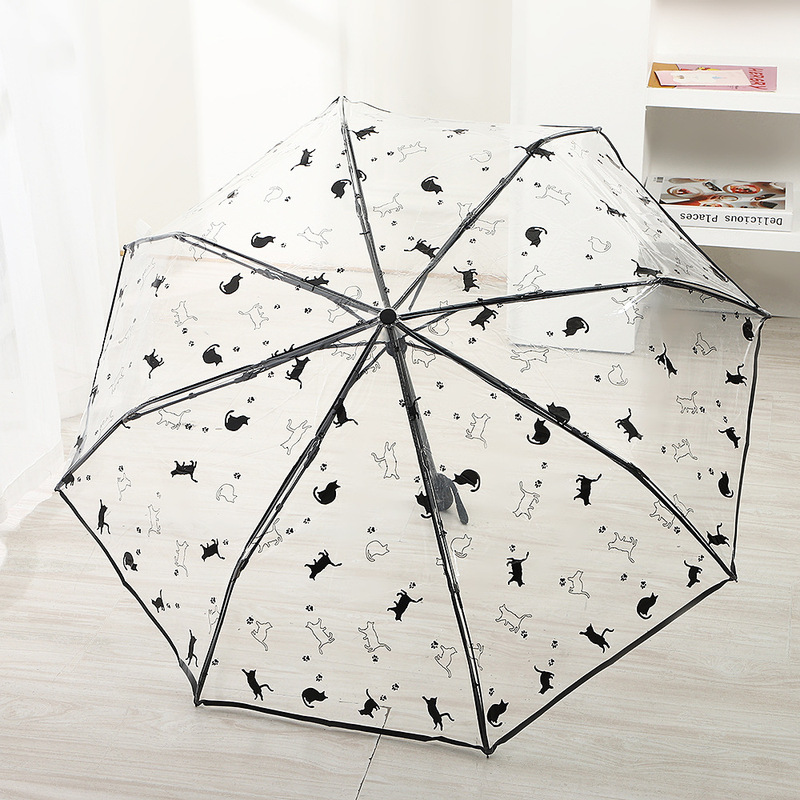 New Japanese Style Lazy Cat Transparent Umbrella High Color Value Automatic Cute Fresh and Durable Folding Long Handle Umbrella