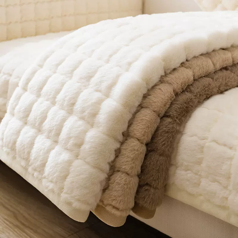 小兔毛绒沙发垫保暖万能套罩防滑轻奢风高端扶手盖巾靠背加厚坐垫