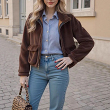 欧美跨境2025新款毛呢外套优雅冬季名媛风长袖显瘦毛绒外套女