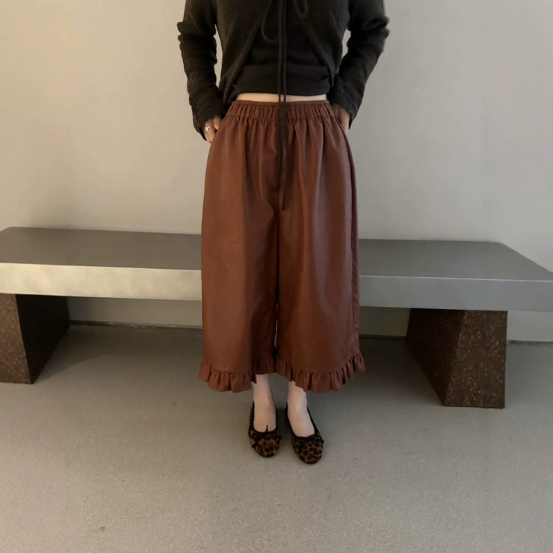 Four Seasons Green Women's Clothing Kamanse Korean Style Ruffled PU Leather Cropped Pants High Waist Loose Wide-Leg Leather Pants